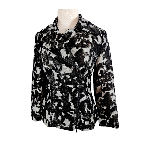 Lafayette 148 Black & Grey Abstract Animal Print Asymmetric Zipper Wool Blazer - Picture 2 of 7